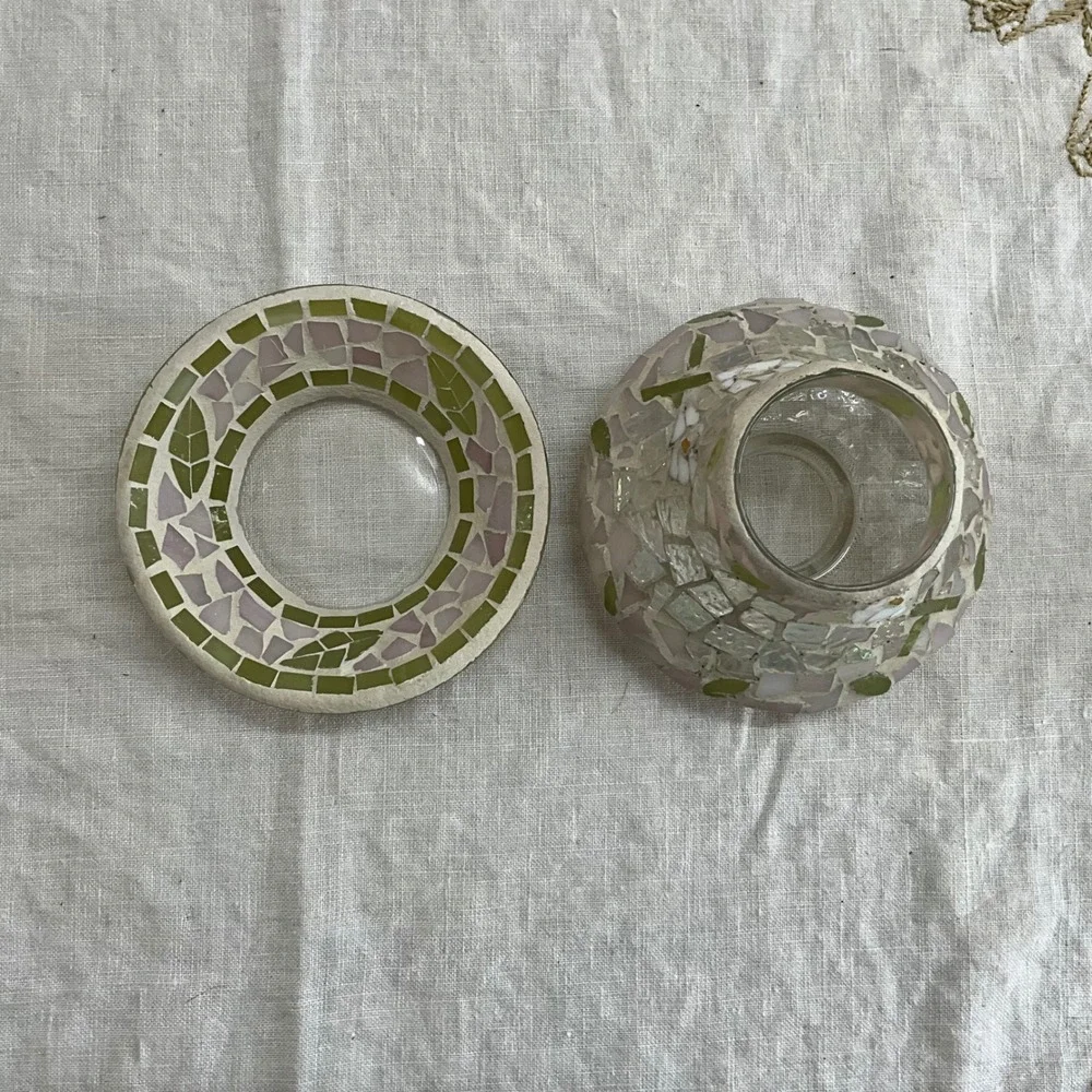 Yankee Candle Mosaic Glass Shade Tray Pink Green Iridescent Floral Fairy Lamp
